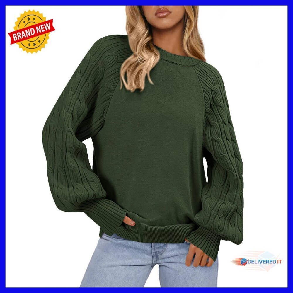 Chunky Cable Knit Crewneck Sweater Loose Fit Tunic Winter Cozy Pullover - Picture 1 of 8